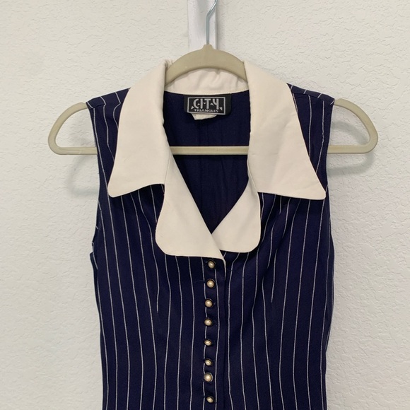 Vintage City Triangles Blue Striped Sleeveless Button Down Mini Dress - Picture 2 of 8